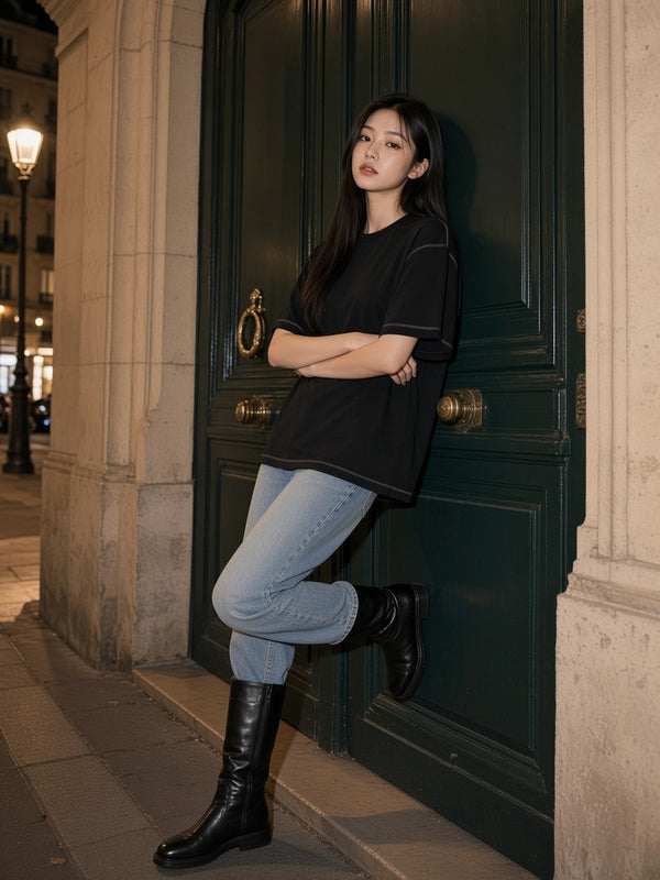 Marcel Afters Oversized Contrast-Stitched Cotton Tee, Dark Tones