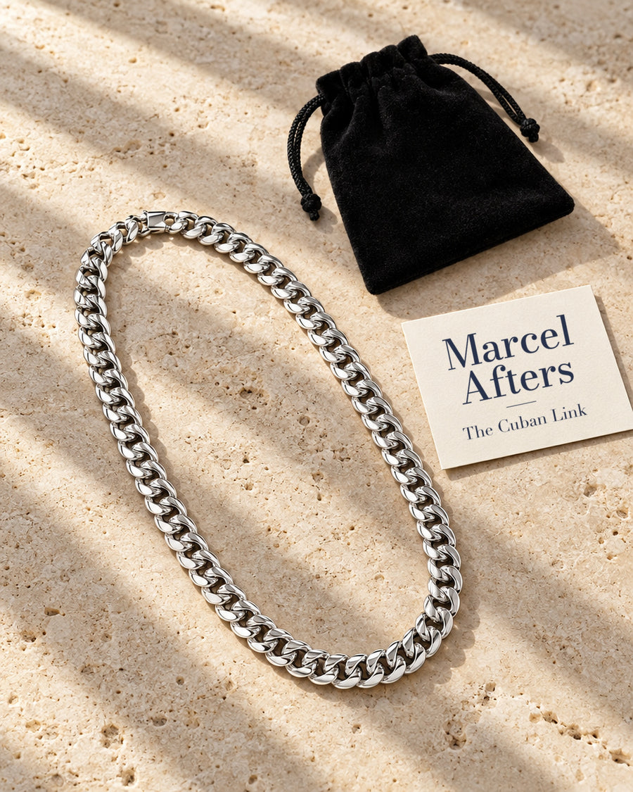 Cuban Link Chain Necklace — flat lay with Marcel Afters gift card and pouch