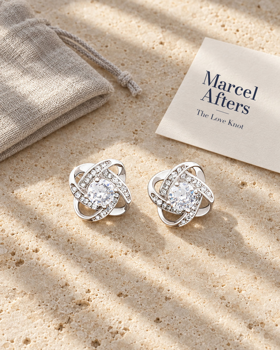 Love Knot Stud Earrings — flat lay with Marcel Afters gift card and pouch