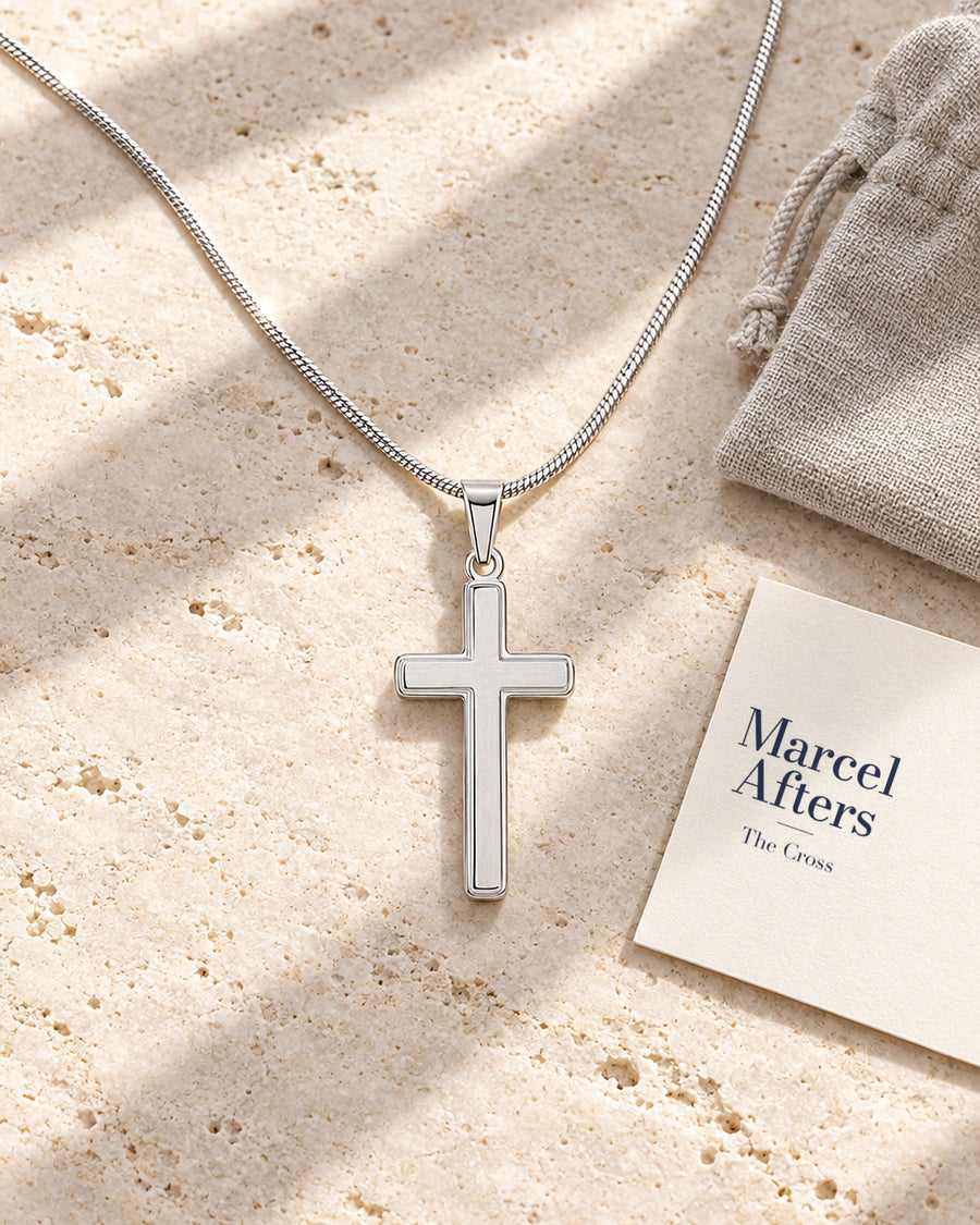 Polished Cross Pendant Necklace — flat lay with Marcel Afters gift card and pouch