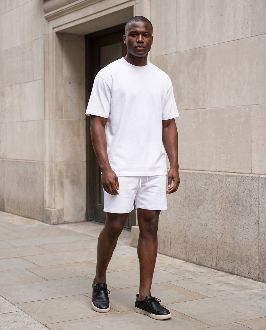 Heavyweight Earth Tone T-Shirt in White with Earth Tone Loose Fit Cotton Shorts in White, worn together
