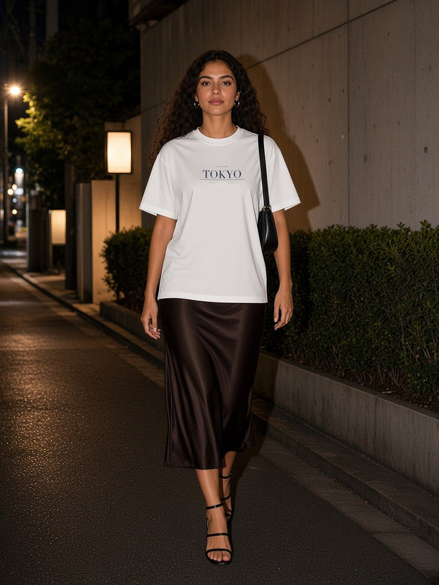 Woman in the Tokyo tee in White walking down a quiet lantern-lit lane in Aoyama, Tokyo, after dark