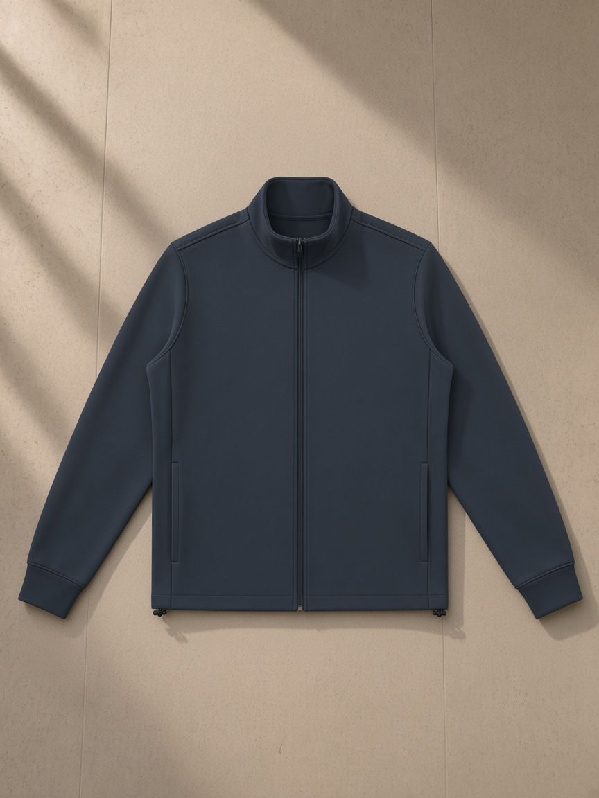 Stand Collar Jacket in Navy Blue, laid flat on pale limestone, front.