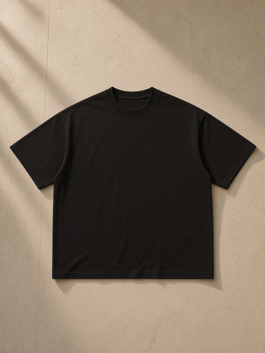 Unisex sun fade distressed boxy t-shirt in Black, laid flat on pale limestone