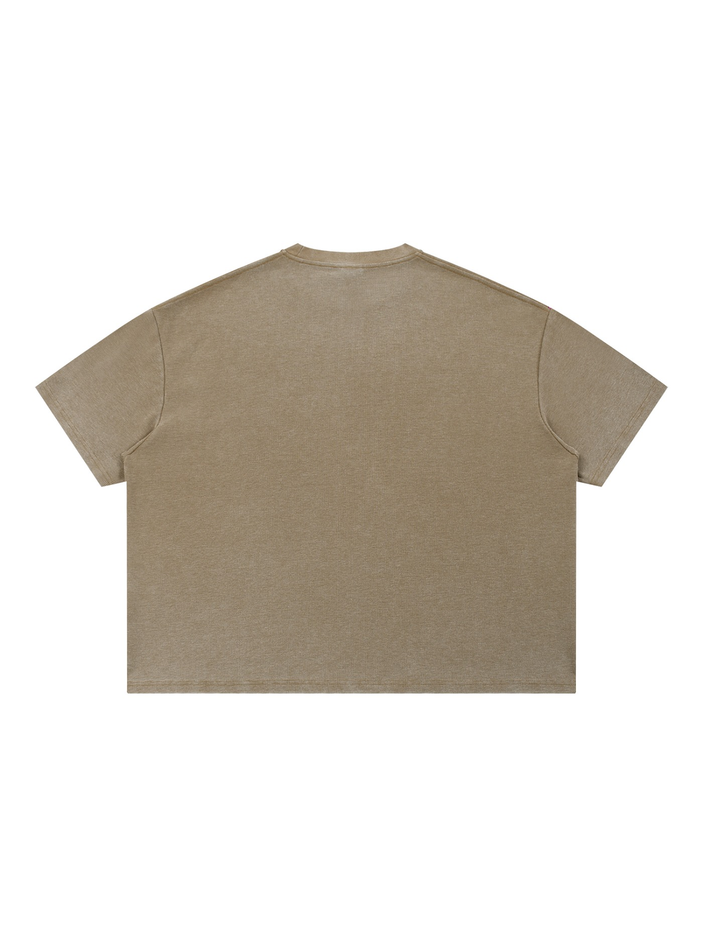 Unisex vintage wash sunfade boxy waffle t-shirt in Light Coffee, back view on white. Marcel Afters