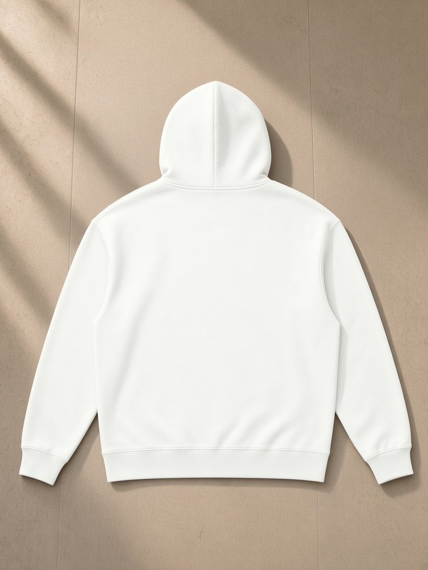 Heavyweight pullover hoodie in White, laid flat on pale limestone, back view