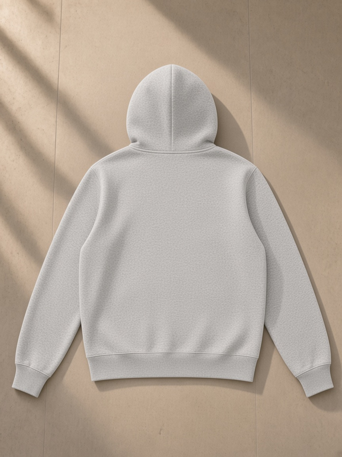 Fleece Full Zip Hoodie in Flower Gray, laid flat on pale limestone, back.