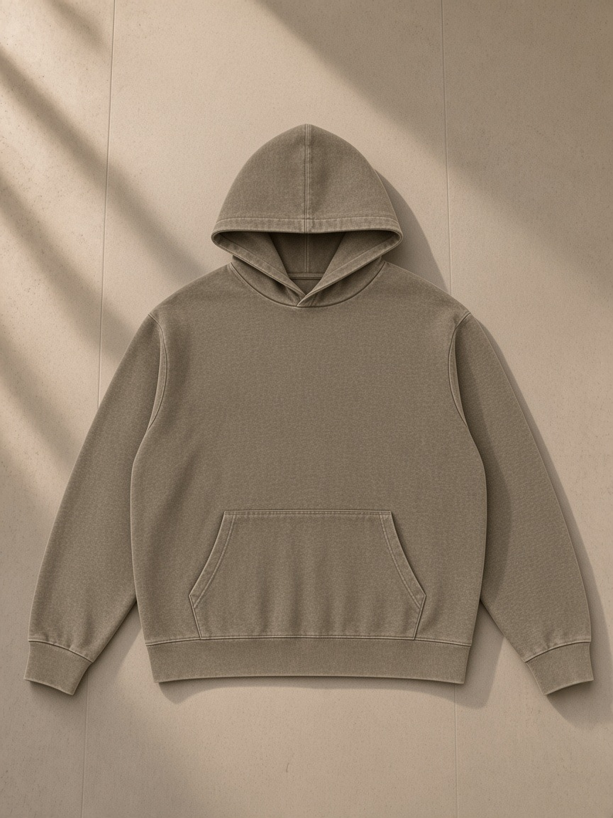 Mineral Wash Oversized Hoodie in Coffee, laid flat on pale limestone