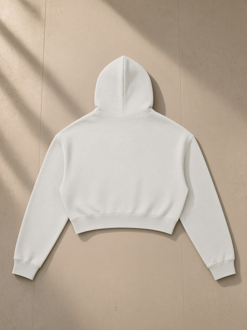 Essential Cropped Hoodie in Oat Gray, laid flat on pale limestone, back view