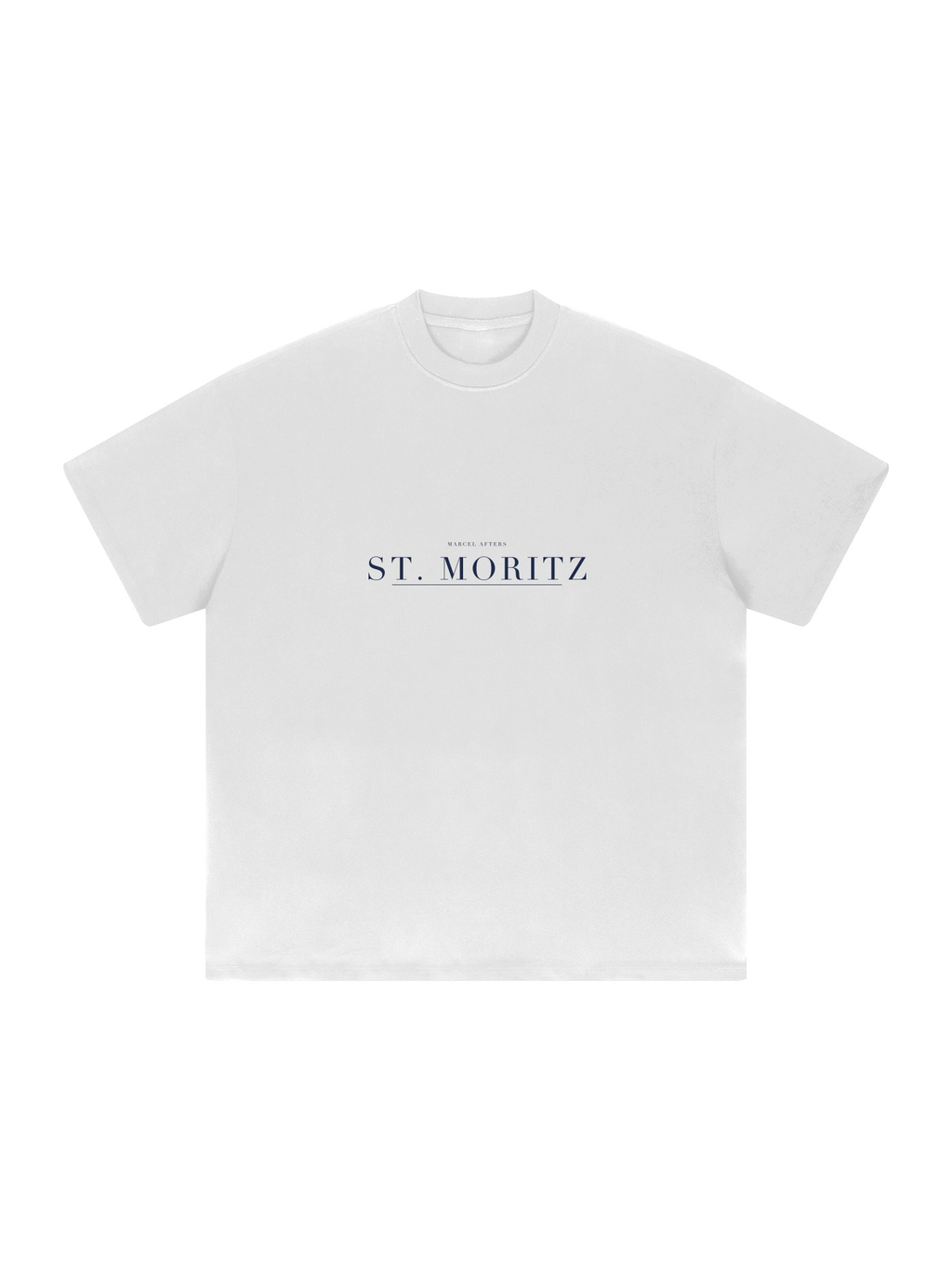 St. Moritz Heavyweight Drop Shoulder T-Shirt by Marcel Afters in White, front view with the printed artwork, on white