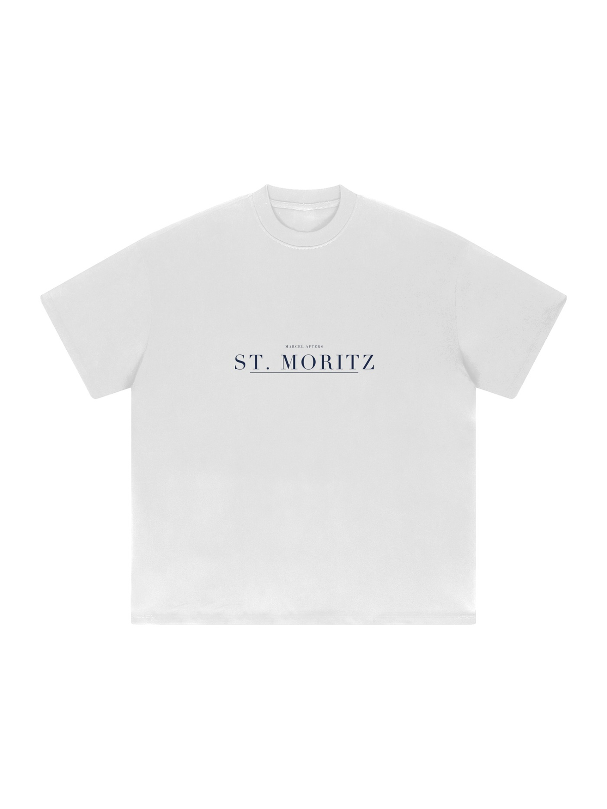 St. Moritz Heavyweight Drop Shoulder T-Shirt by Marcel Afters in White, front view with the printed artwork, on white