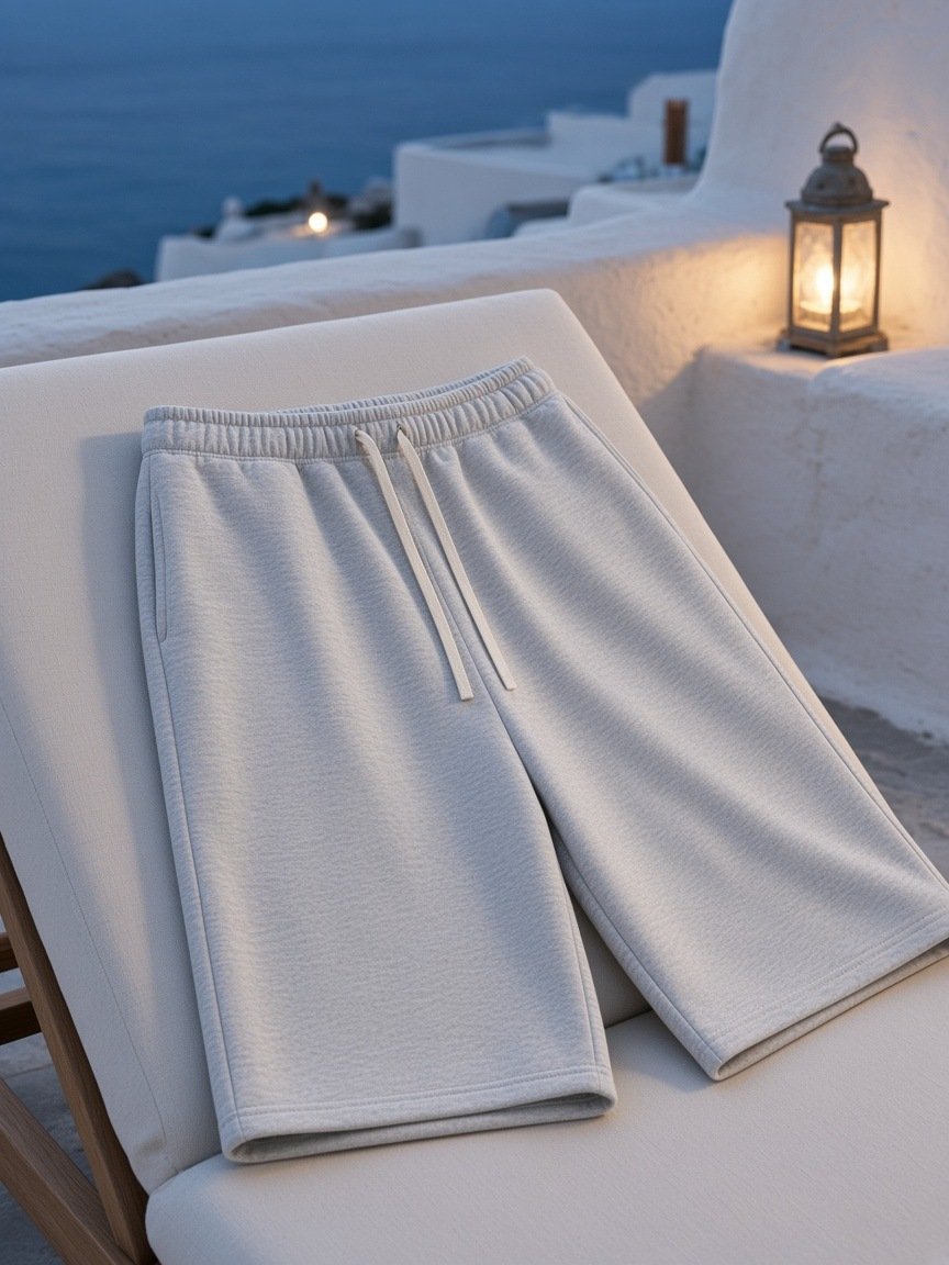 Relaxed drawstring three-quarter sweatpants in Flower Gray over a terrace lounger on a Mykonos terrace at night