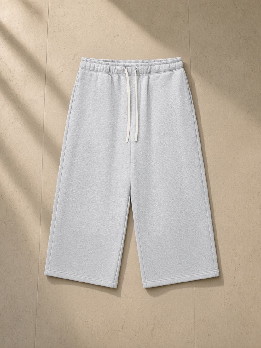 Relaxed drawstring three-quarter sweatpants in Flower Gray, laid flat on pale limestone