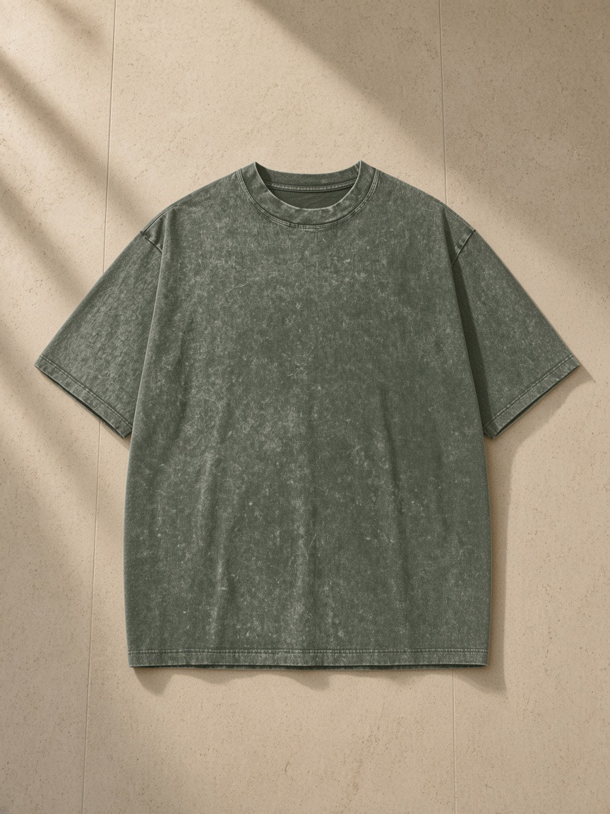 Unisex heavyweight snow washed t-shirt in Olive Green, laid flat on pale limestone