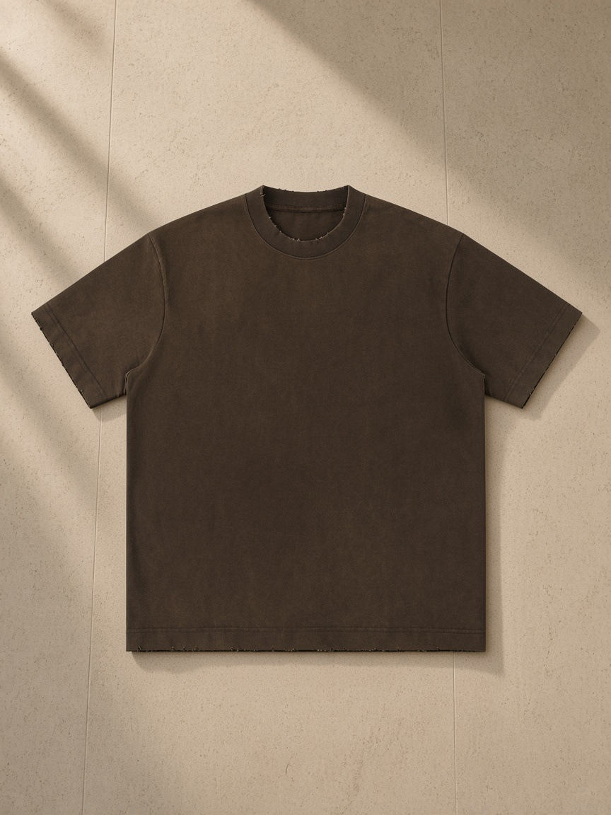 Women's heavyweight vintage washed frayed t-shirt in Coffee, laid flat on pale limestone