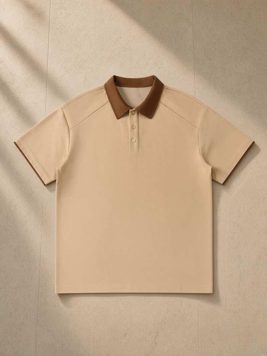 Contrast Collar Raglan Polo Shirt in Khaki, laid flat on pale limestone