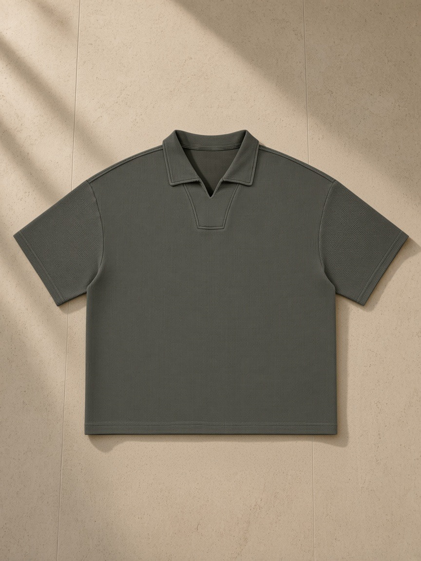 Vintage Wash Waffle Boxy Polo Shirt in Gray Green, laid flat on pale limestone