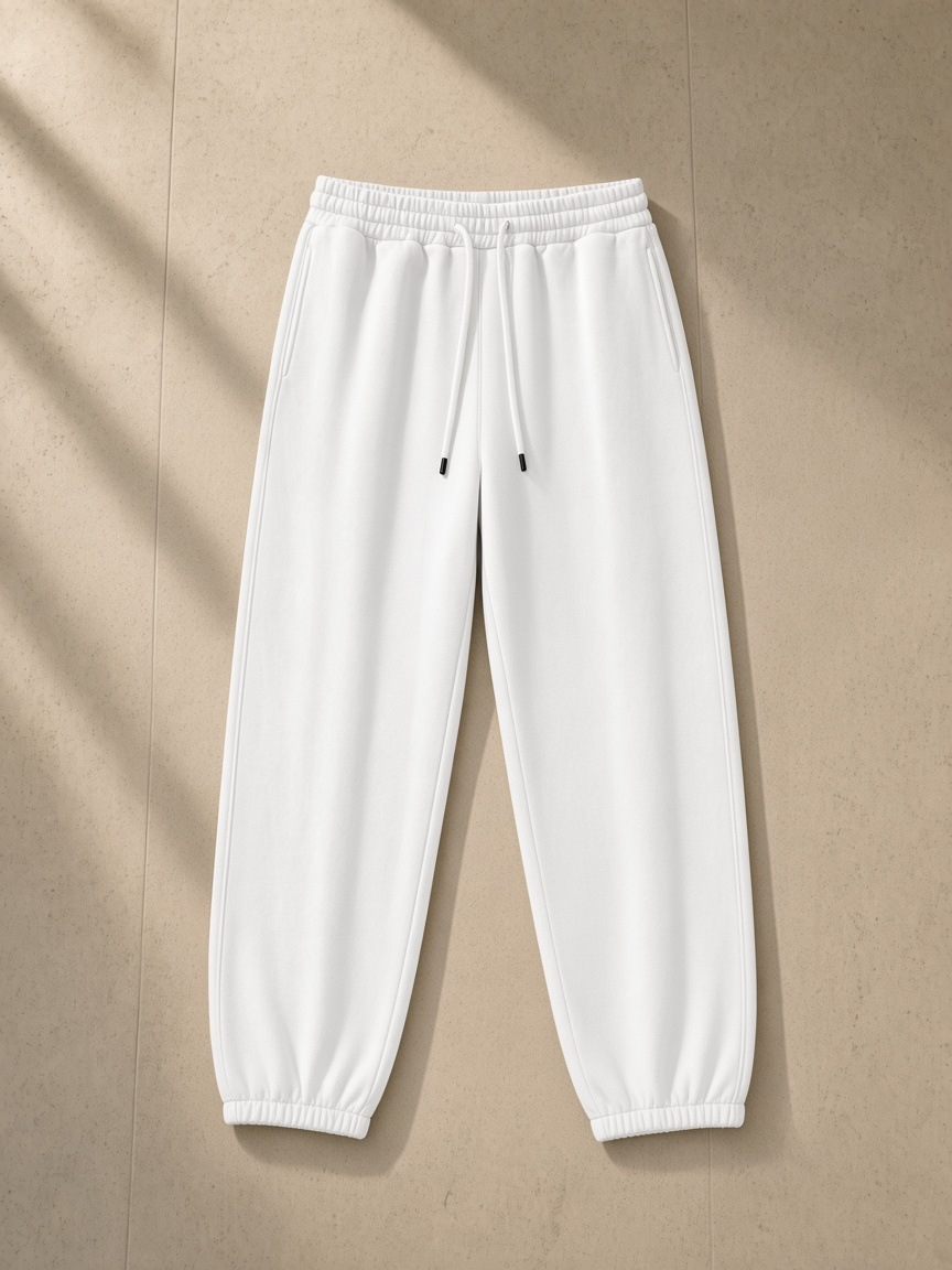 Women's Heavyweight Fleece Joggers in White, laid flat on pale limestone