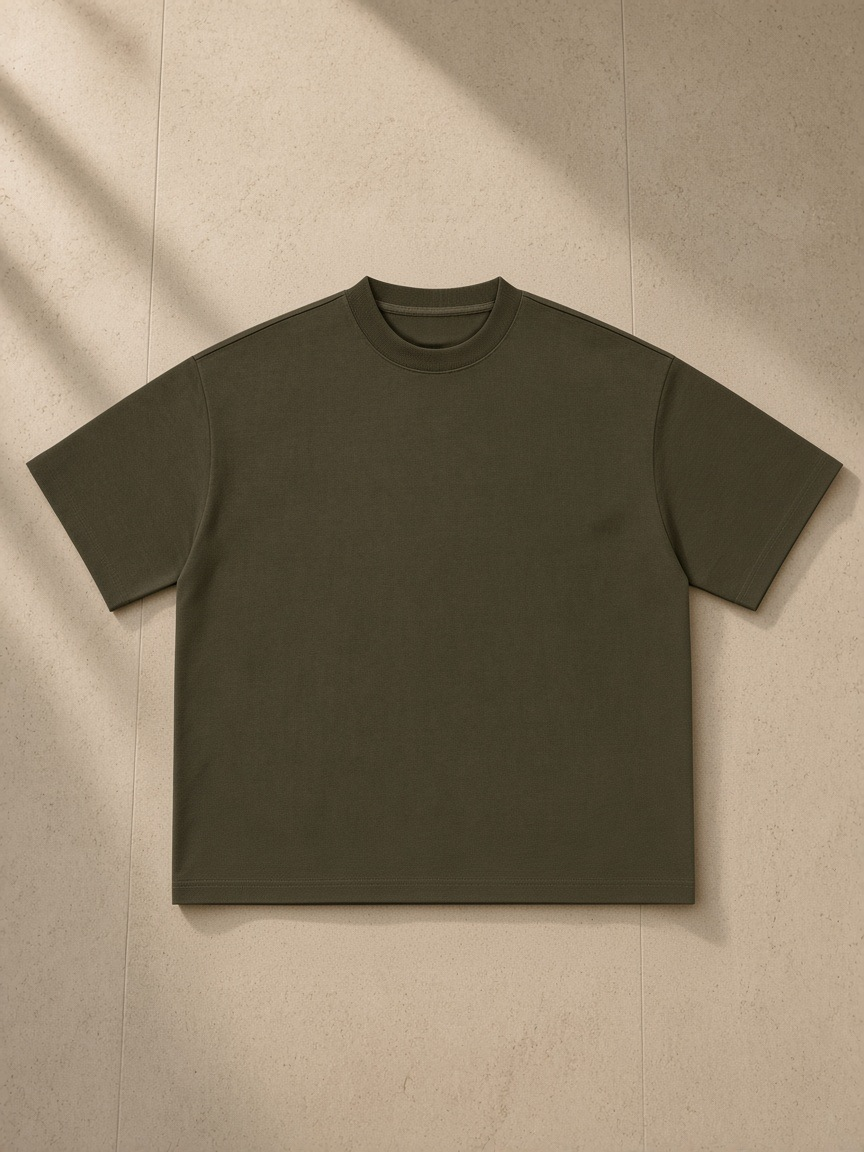Women's Boxy Oversized T-Shirt in Army Green, laid flat on pale limestone