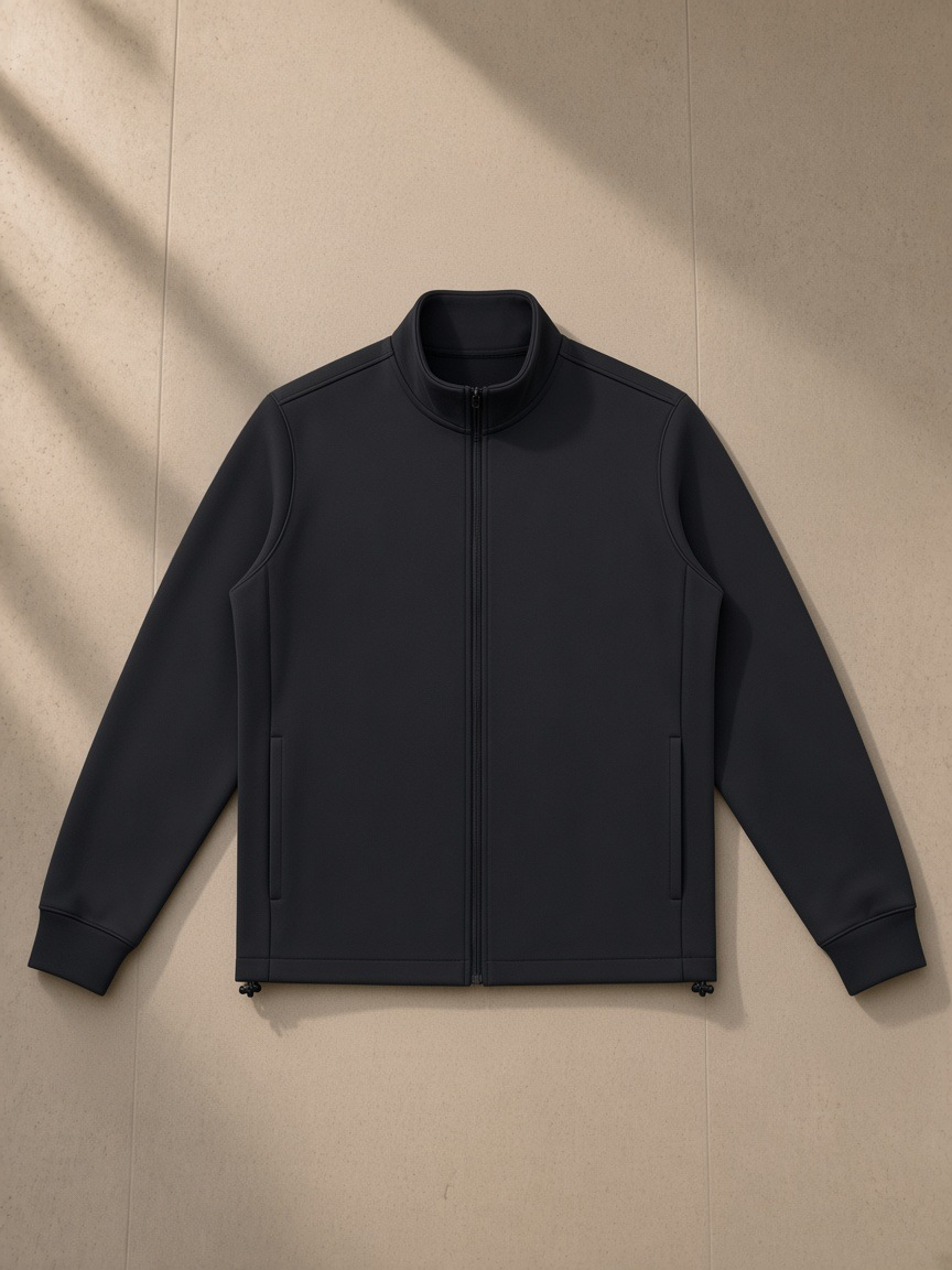 Stand Collar Jacket in Black, laid flat on pale limestone, front.