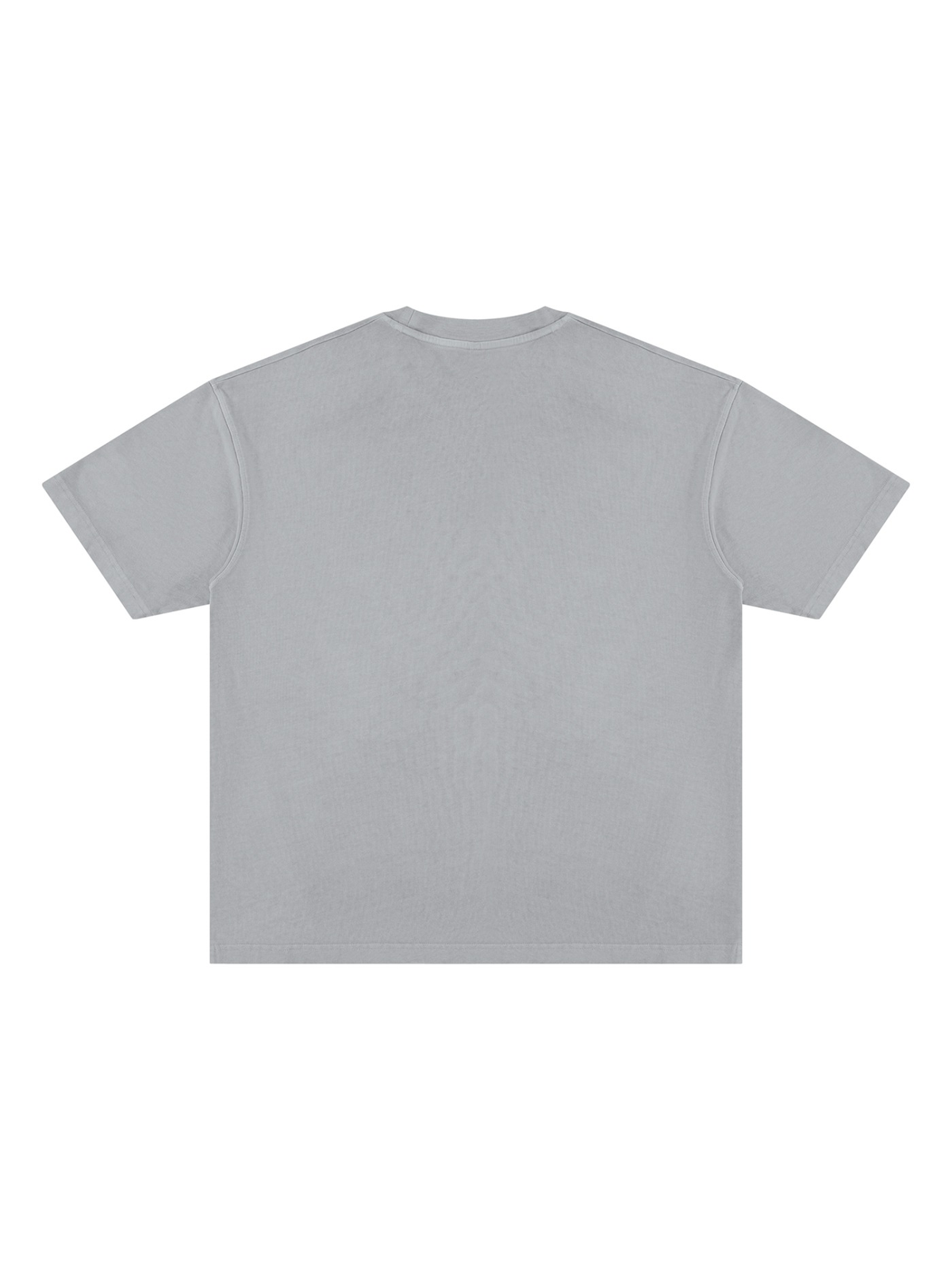 Unisex vintage wash paneling t-shirt in Gray, back view on white. Marcel Afters