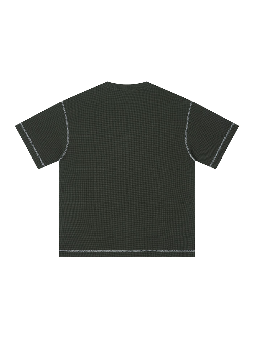 Unisex sunfade waffle boxy t-shirt in Gray Green, back view on white. Marcel Afters