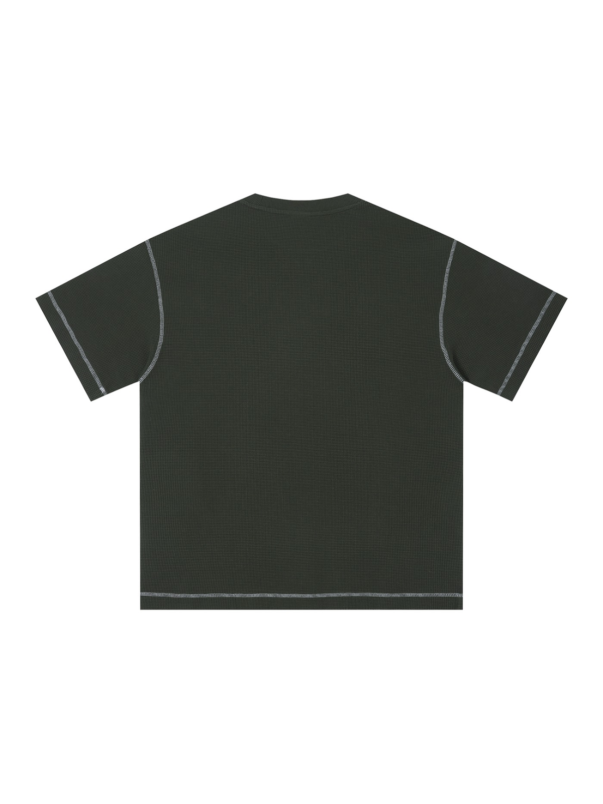 Unisex sunfade waffle boxy t-shirt in Gray Green, back view on white. Marcel Afters