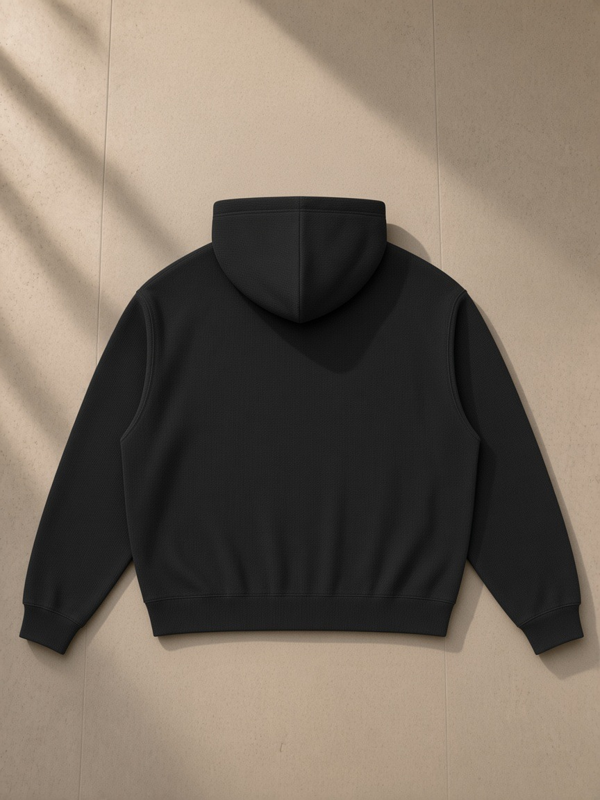 Unisex waffle boxy full zip hoodie in Black, laid flat on pale limestone, back view