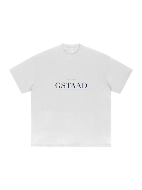 Gstaad Heavyweight Drop Shoulder T-Shirt by Marcel Afters in White, front view with the printed artwork, on white