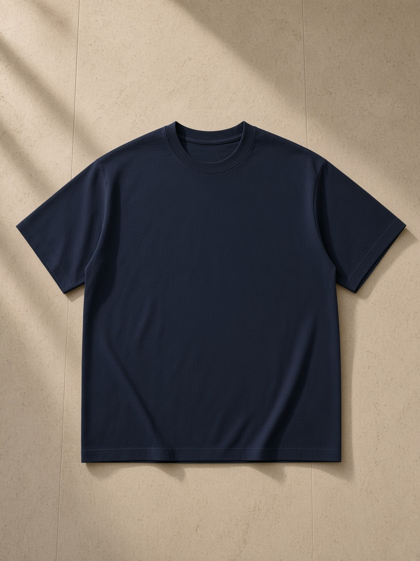 Men's Oversized T-Shirt in Navy Blue, laid flat on pale limestone