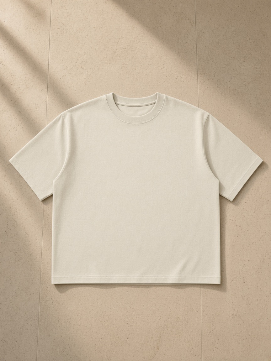 Women's Heavyweight Boxy T-Shirt in Gray, laid flat on pale limestone
