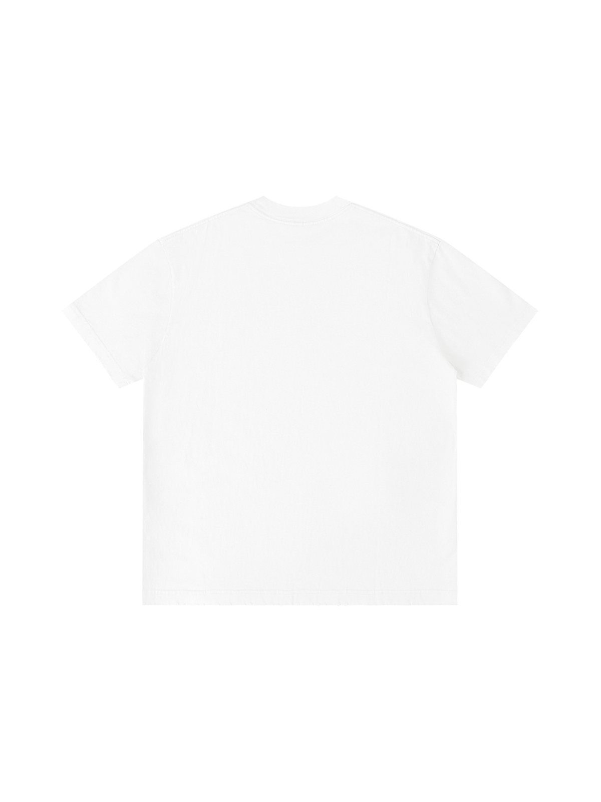 Unisex vintage wash distressed t-shirt in White, back view on white. Marcel Afters