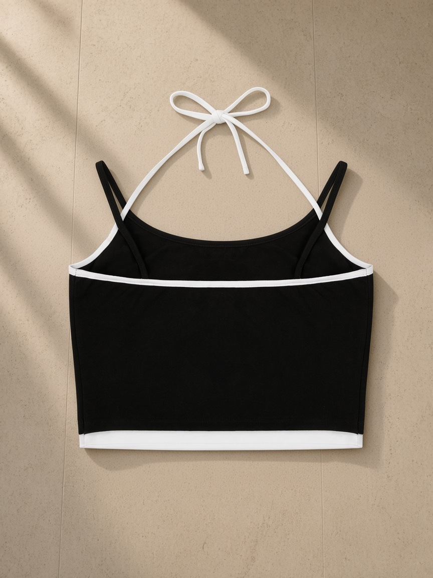 Women's Contrast Binding Halter Top in Black, laid flat on pale limestone, back view