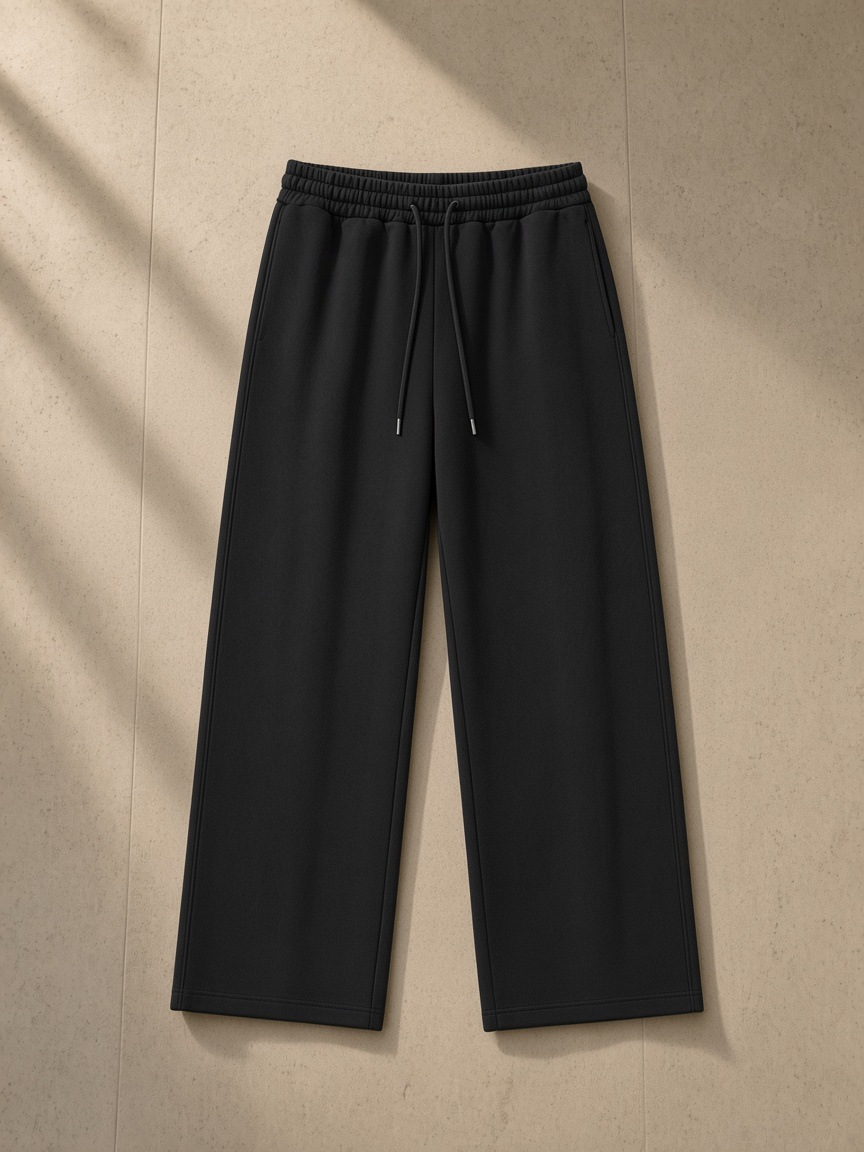 Straight-leg sweatpants in Black, laid flat on pale limestone