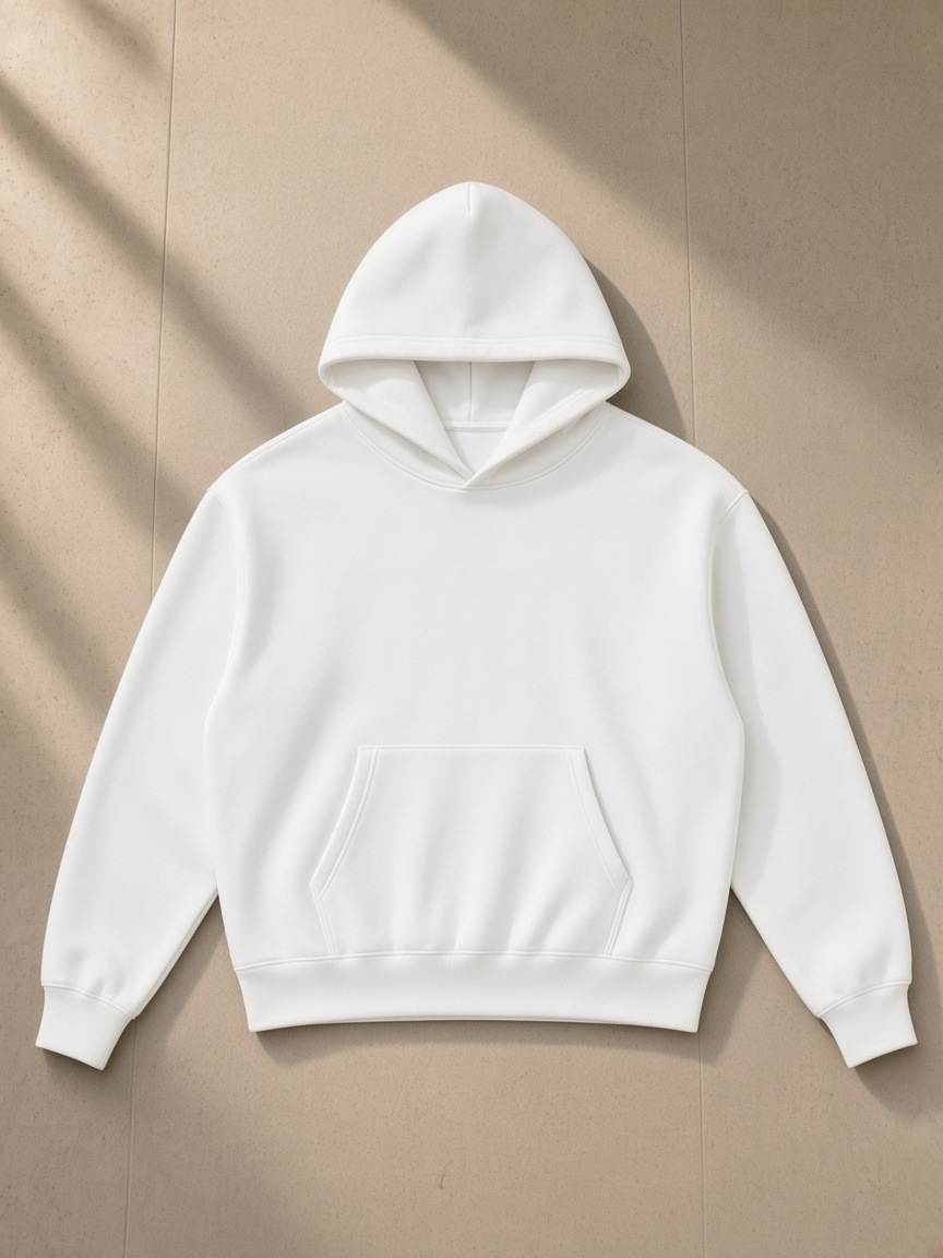 Heavyweight fleece hoodie in White, laid flat on pale limestone