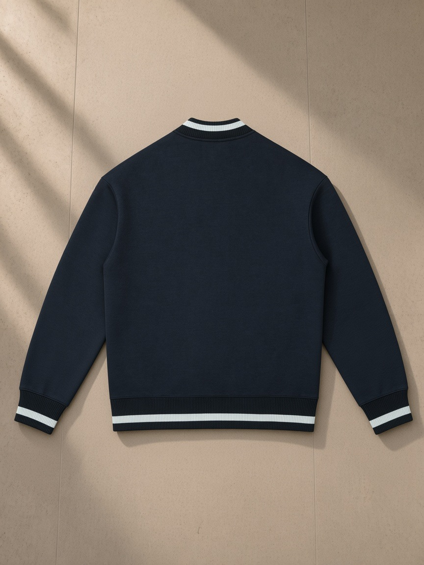 Contrast Piping Zip Bomber Jacket in Navy Blue, laid flat on pale limestone, back view