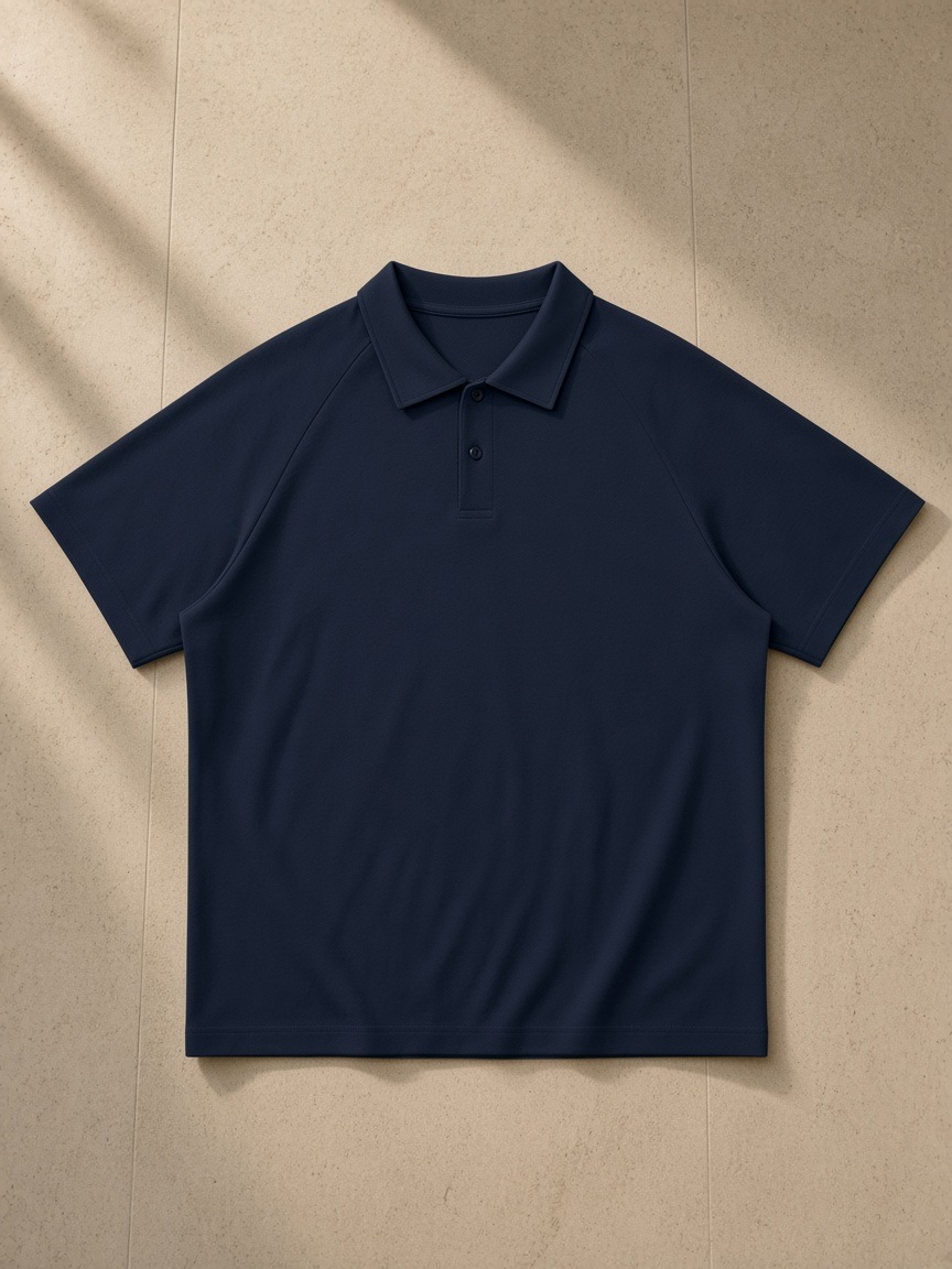 Unisex regular fit polo shirt in Navy Blue, laid flat on pale limestone