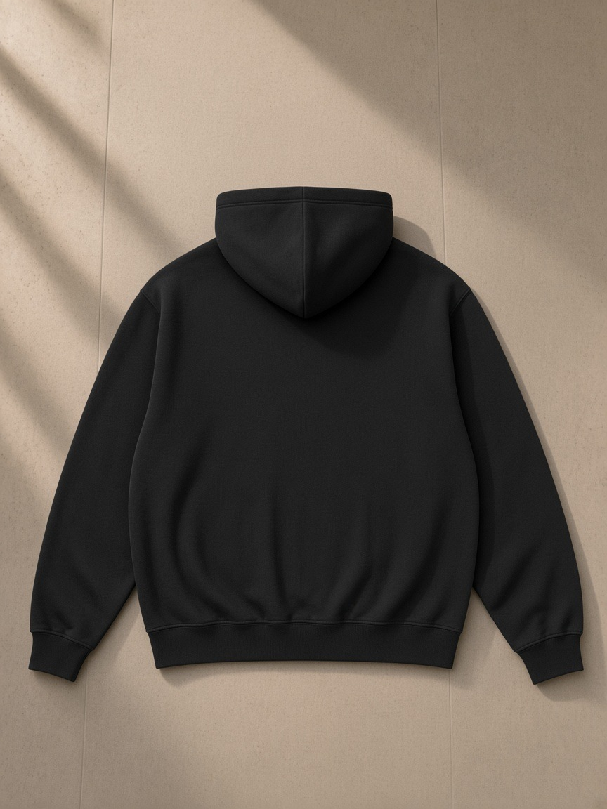 Unisex heavyweight zip-up hoodie in Black, laid flat on pale limestone, back view