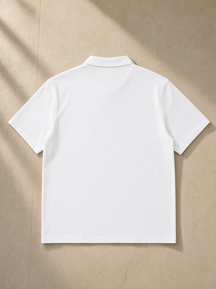 Half-Zip Cotton Polo in White, laid flat on pale limestone, back view