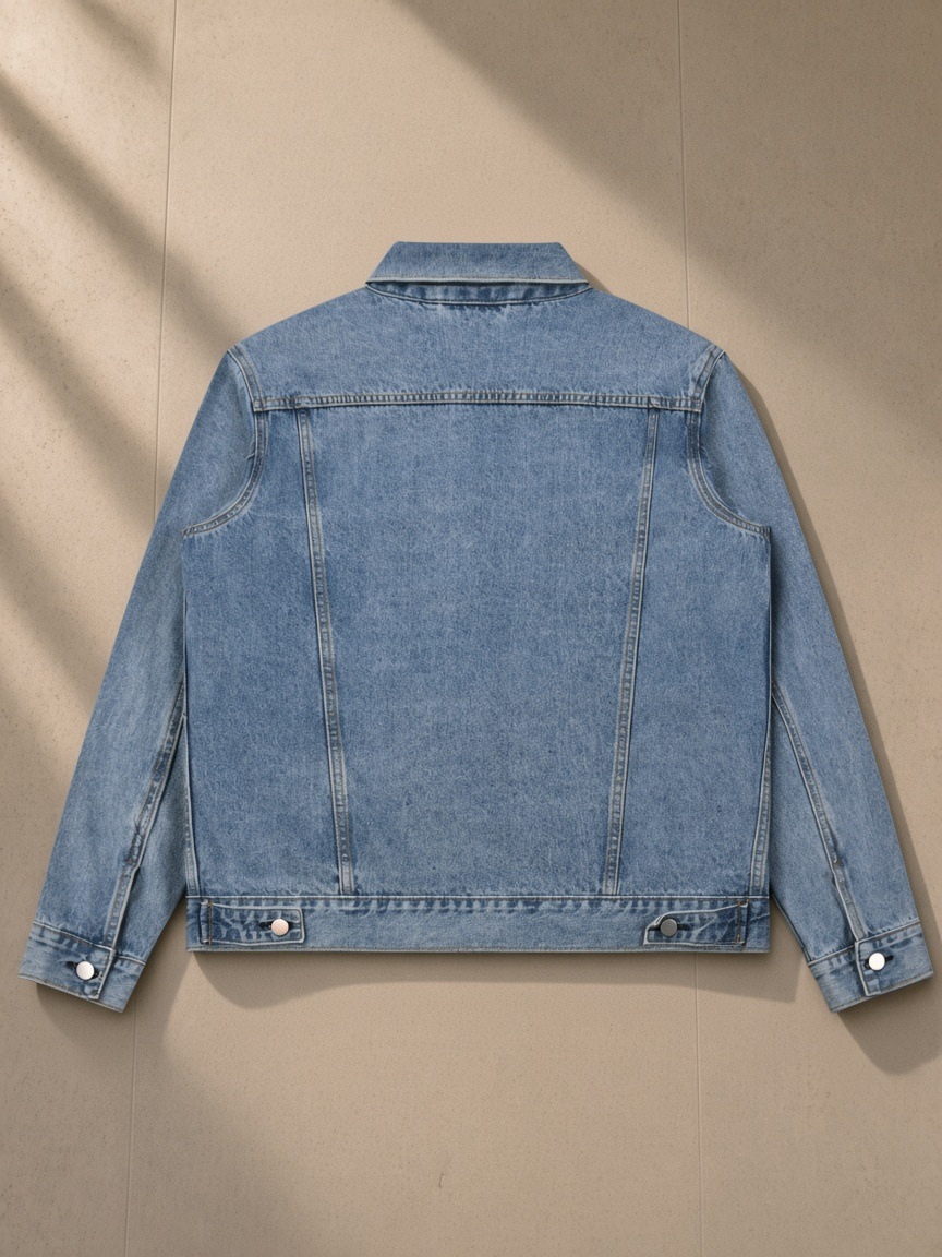Vintage Wash Denim Jacket in Blue, laid flat on pale limestone, back view