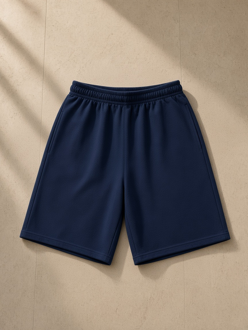 Unisex heavyweight cotton shorts in Navy Blue, laid flat on pale limestone