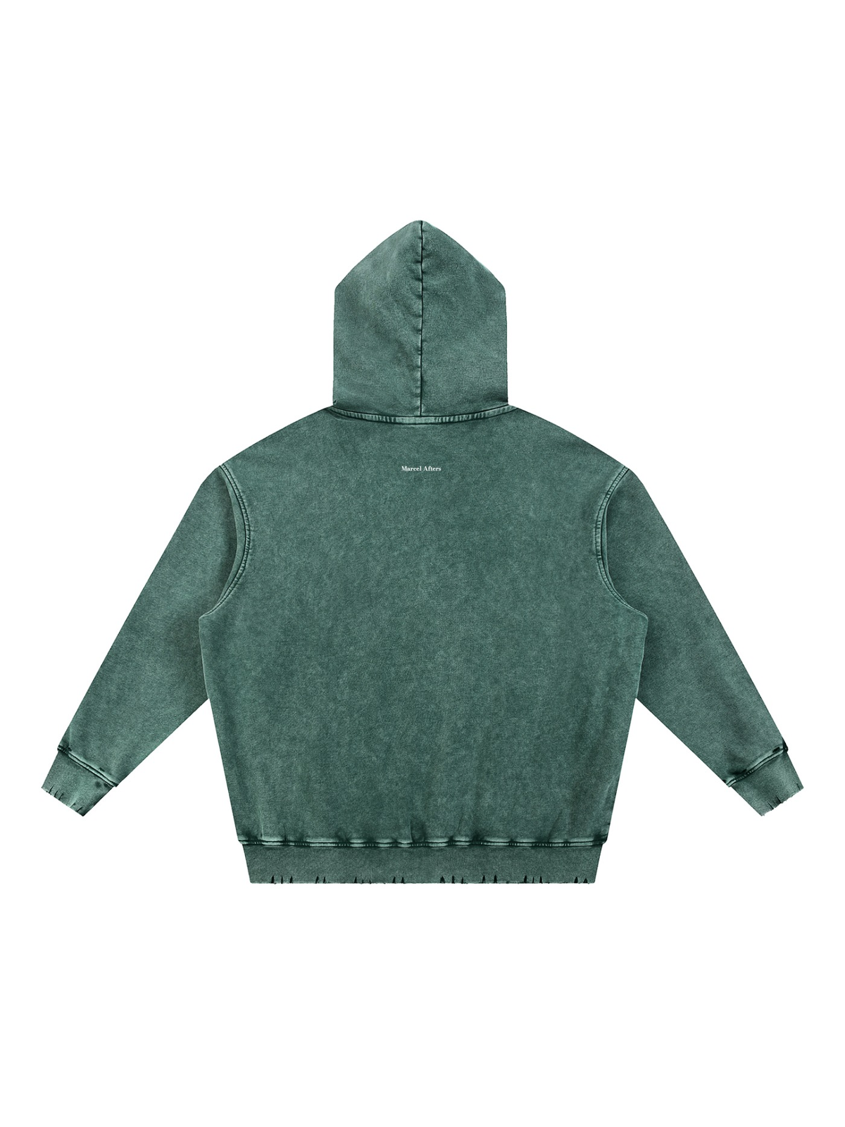 Snow Wash Hand-Frayed Heavyweight Hoodie in Blackish Green, back view