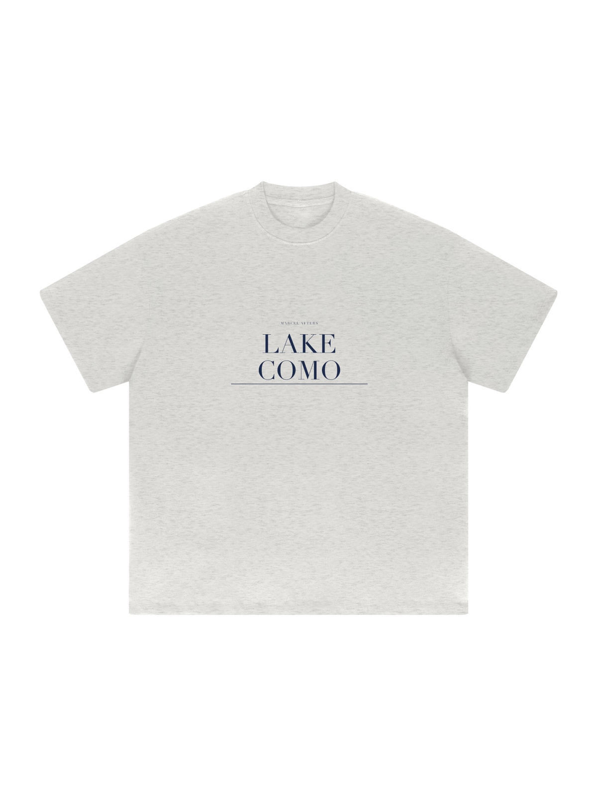 Lake Como Heavyweight Drop Shoulder T-Shirt by Marcel Afters in Oat Gray, front view with the printed artwork, on white