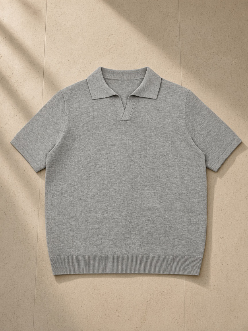 Heavyweight Oversized Polo in Flower Gray, laid flat on pale limestone