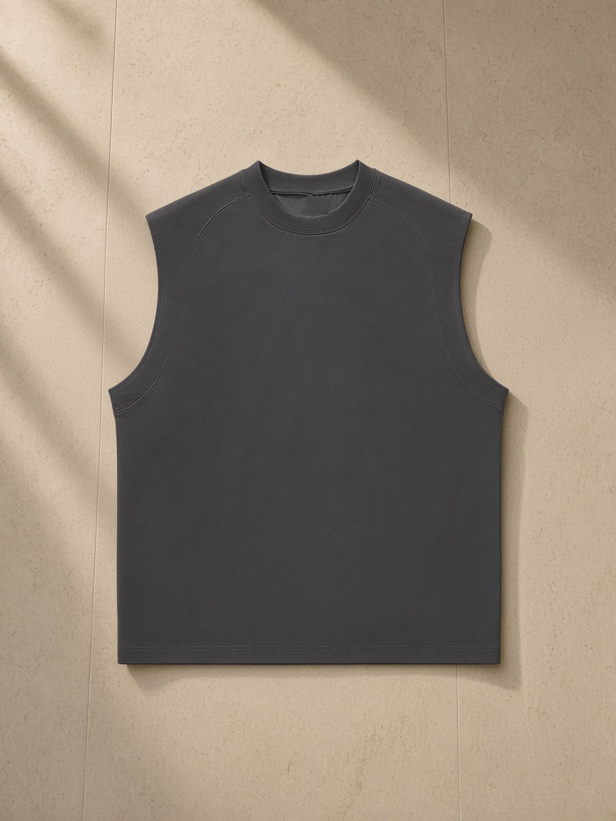 Sorona Quick-Dry Cooling Tank Top in Dark Gray, laid flat on pale limestone