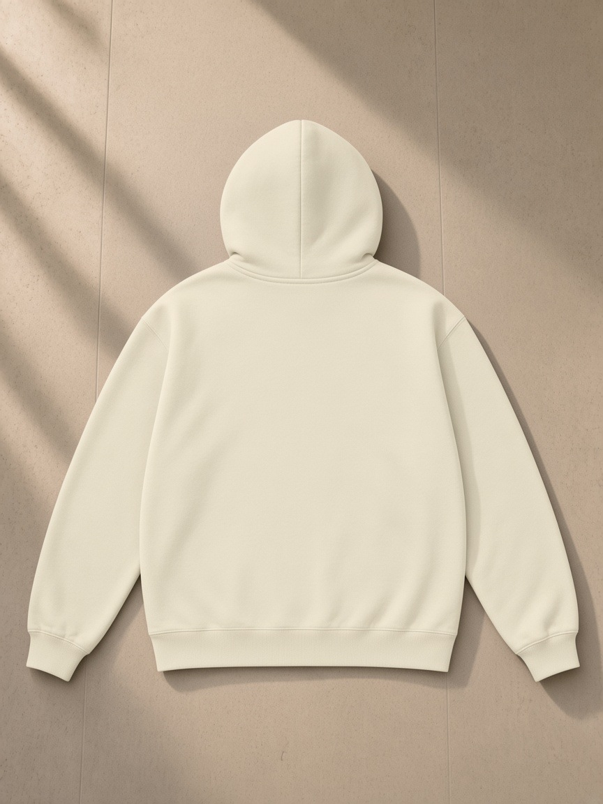 Unisex oversize heavyweight fleece hoodie in Bone, laid flat on pale limestone, back view