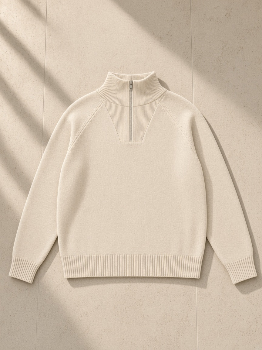 Quarter-Zip Pullover Sweatshirt in Beige, laid flat on pale limestone, front.