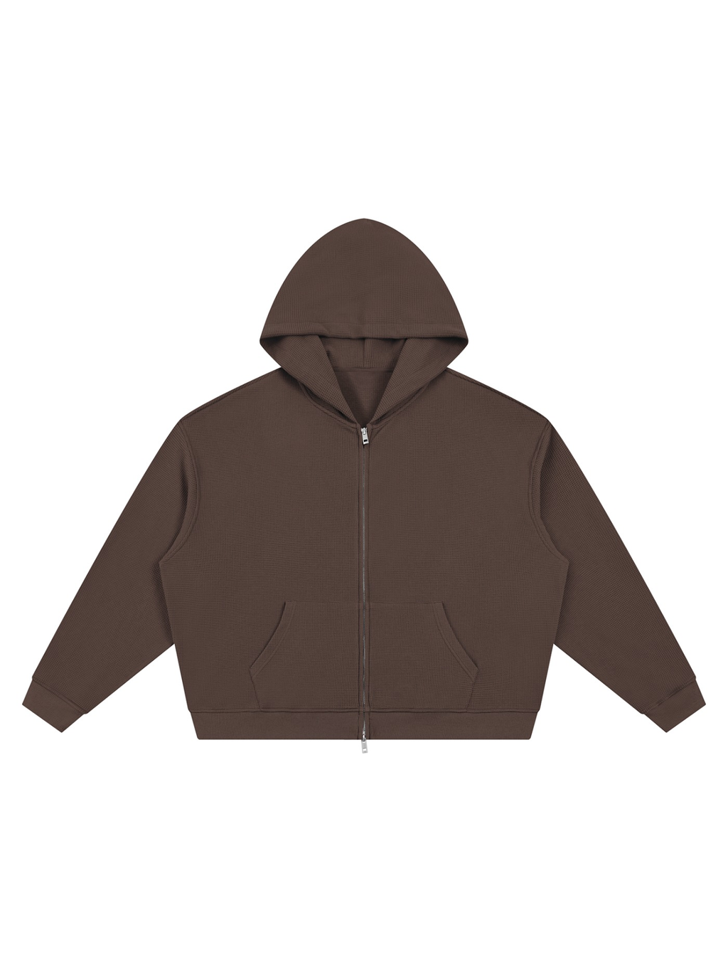 Unisex waffle boxy full zip hoodie in Coffee, front view on white. Marcel Afters