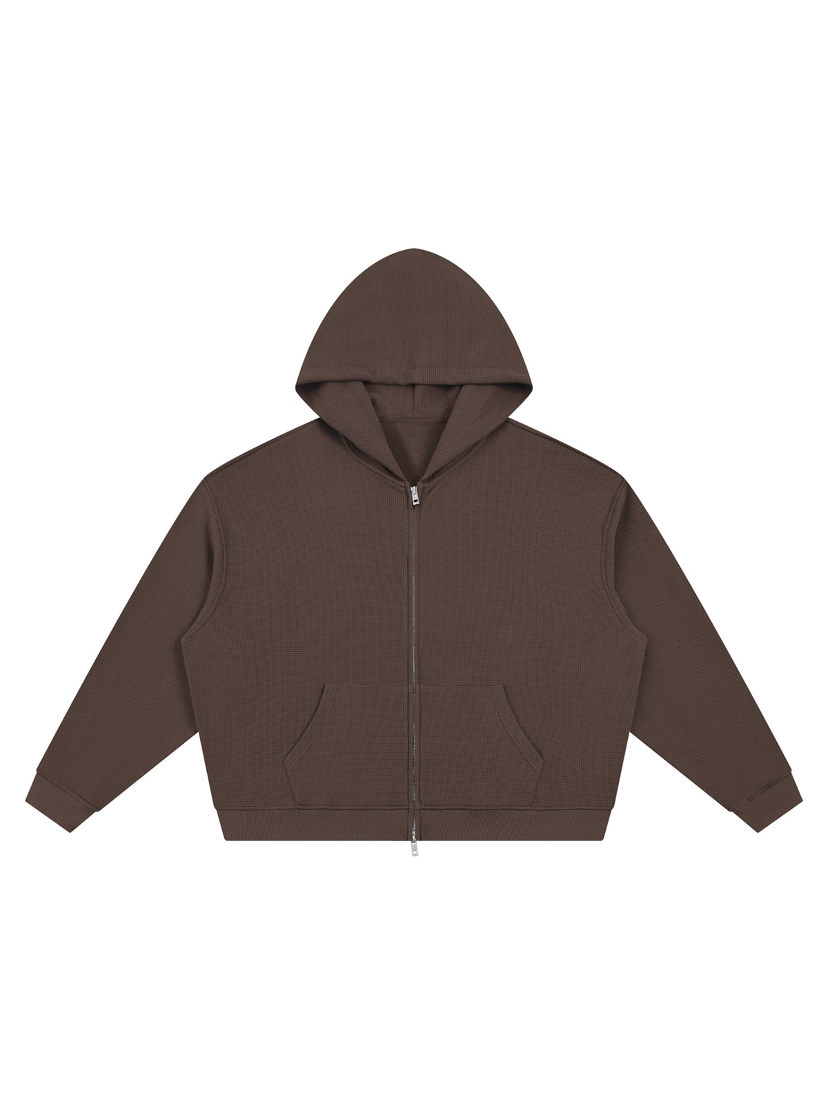 Waffle Boxy Full Zip Hoodie in Coffee, laid flat on pale limestone, front.