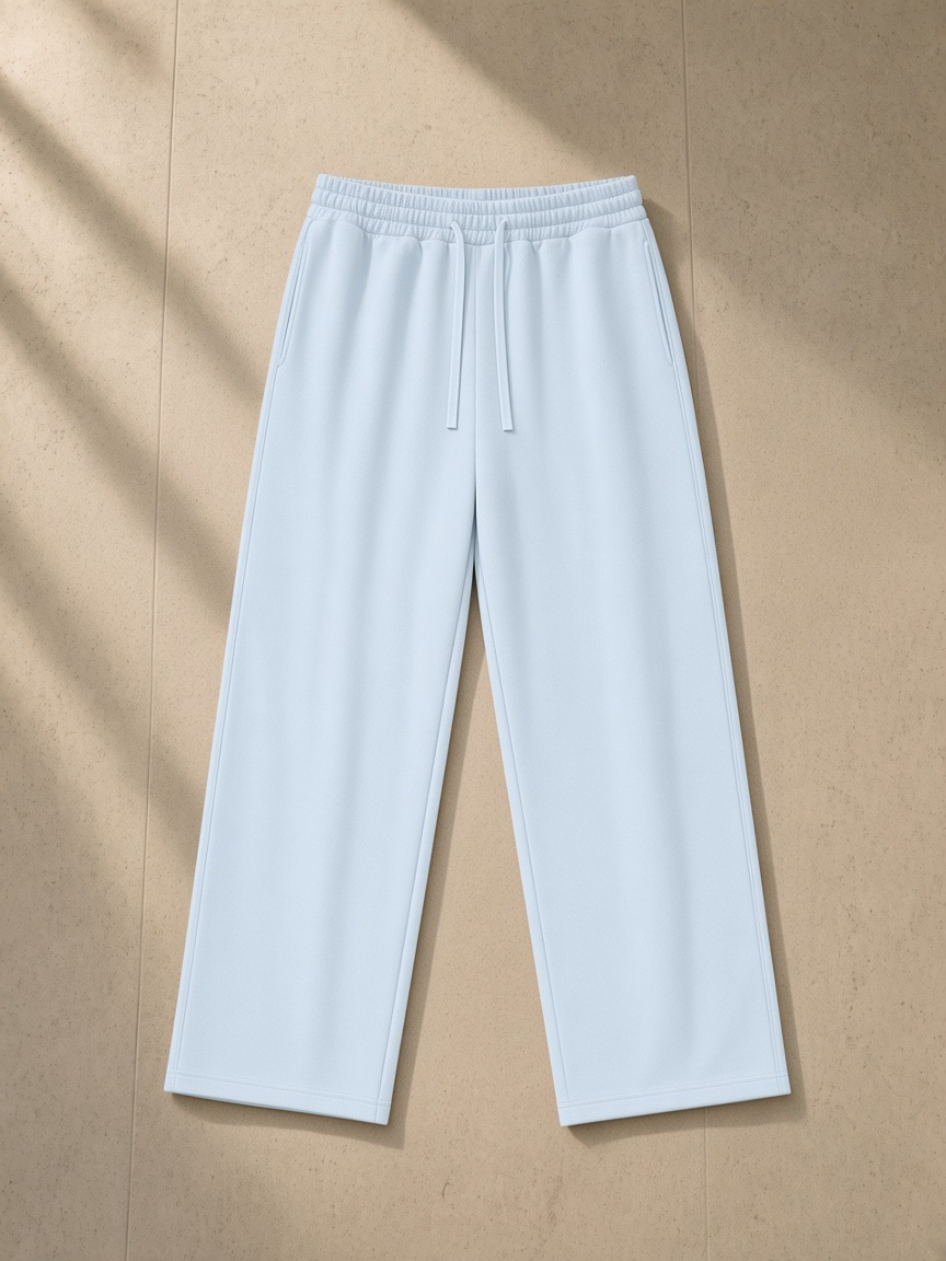 Straight Leg Sweatpants in Sky Blue, laid flat on pale limestone